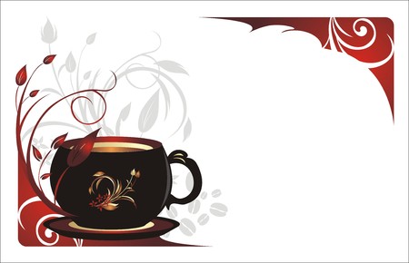 Cup with coffee and sprigs. Floral background for card. Vectorのイラスト素材