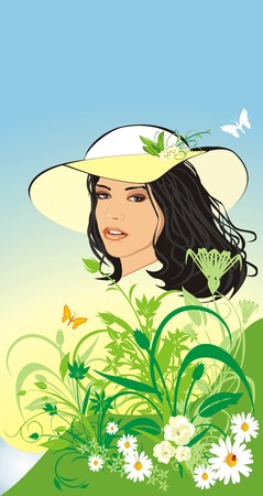 Beautiful woman in a hat among flowers. Spring composition. Vectorのイラスト素材