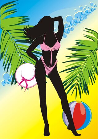 Silhouette of beautiful woman in a swimming suit among the branches of palms. Vectorのイラスト素材