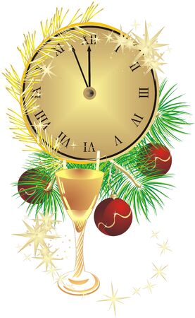 Glass, clock and fur-tree with Christmas balls. Holiday composition. Vectorのイラスト素材