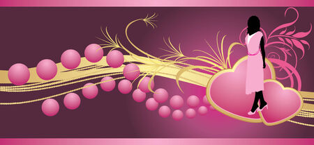 Female silhouette and two hearts with beads. Banner. Vectorのイラスト素材