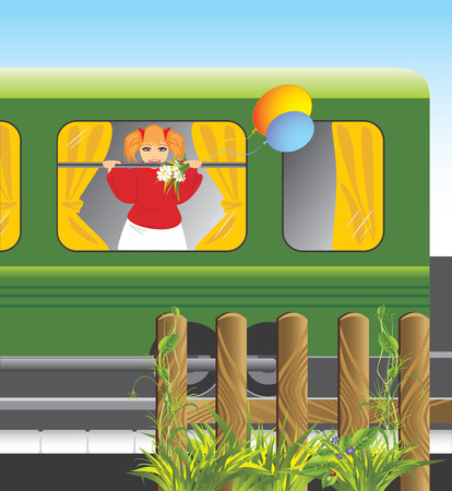 Girl with bouquet of chamomiles and balls in the window of train. Vectorのイラスト素材