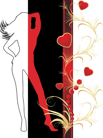 Female silhouette and hearts with ornament. Vectorのイラスト素材