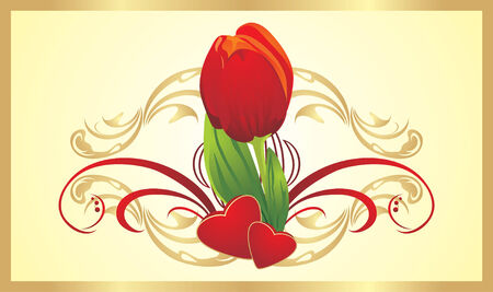 Tulip, two hearts and gothic ornament. Card. Vectorのイラスト素材