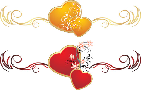 Red and gold hearts with floral ornament. Pattern for frames. Vectorのイラスト素材