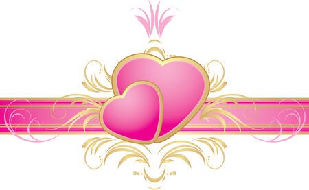 Two pink hearts on the decorative ribbon with ornamentのイラスト素材