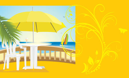 Cafe at a sea. Kind from a balcony. Background for cardのイラスト素材
