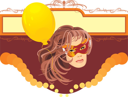 Woman in masquerade mask and yellow balloon. Title for cardのイラスト素材