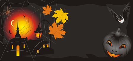 Pumpkin with maple leaves and bat. Halloween bannerのイラスト素材