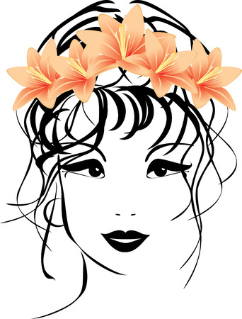 Portrait of woman with bouquet of lilies in hairのイラスト素材