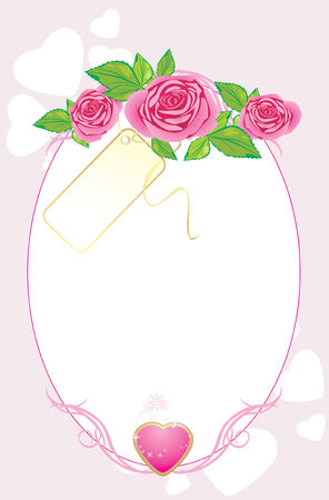 Bouquet of pink roses with card and heart. Valentines cardのイラスト素材