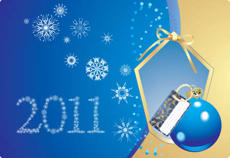 Blue ball and snowflakes in the decorative frame with bow. Christmas cardのイラスト素材