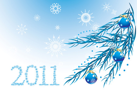 Blue balls with bows and snowflakes on the Christmas tree. Holiday bannerのイラスト素材