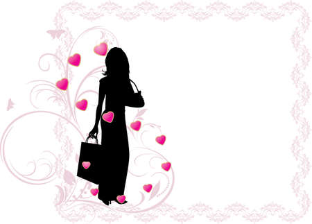 Silhouette elegant beautiful woman in the decorative frame with heartsのイラスト素材