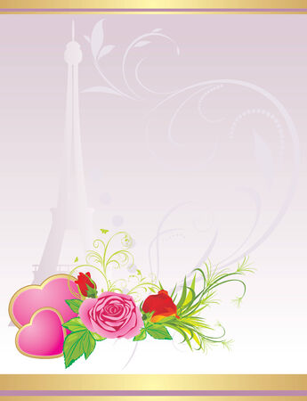 Bouquet of roses with pink hearts and Eiffel tower on the decorative backgroundのイラスト素材