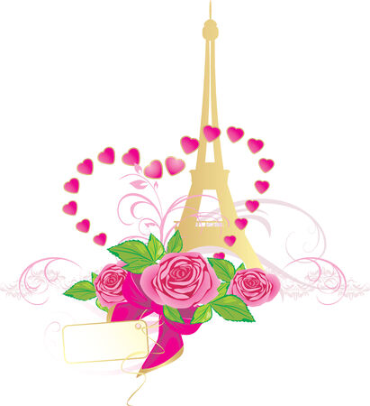 Bouquet of pink roses and Eiffel tower. Holiday composition for Valentines dayのイラスト素材