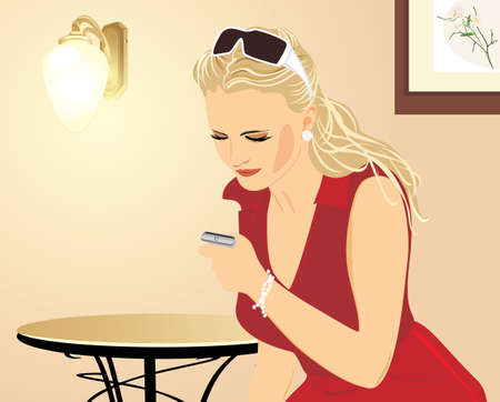 Beautiful woman with a mobile telephone in an antechamberのイラスト素材