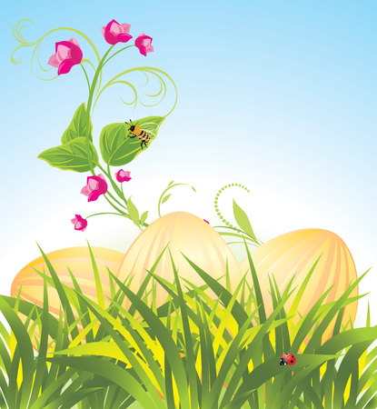 Easter eggs in the grass with flowers. Spring compositionのイラスト素材