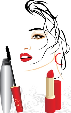 Mascara, red lipstick and female portraitのイラスト素材