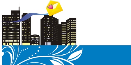 Envelope with heart on the background of night city. Bannerのイラスト素材