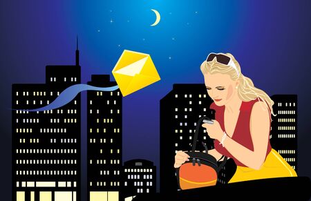 Woman with a mobile telephone and bag on the background of night cityのイラスト素材