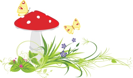 Fly agaric mushroom, flowers and butterfliesのイラスト素材