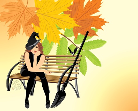 Sitting witch on the wooden bench. Halloween cardのイラスト素材