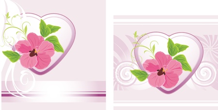 Pink flower with heart on the decorative background. Two Valentines cardsのイラスト素材