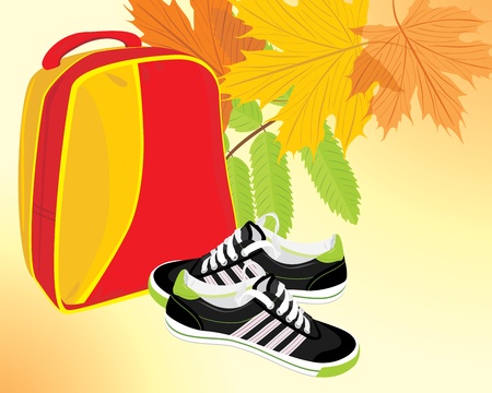 Pair of sneakers and backpack on the autumn backgroundのイラスト素材