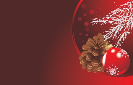 Red Christmas ball with tinsel and pinecone. Festive bannerのイラスト素材