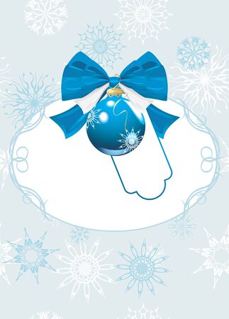 Frame with blue Christmas ball and bow. Festive cardのイラスト素材