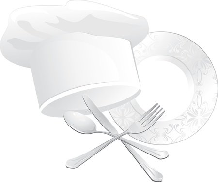 Chef hat, plate with spoon, fork and knifeのイラスト素材