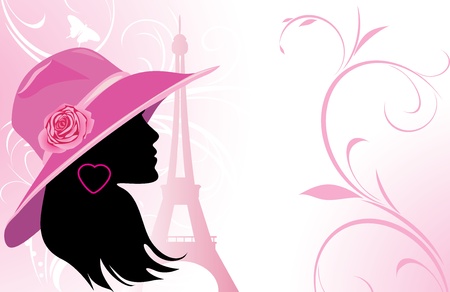 Elegant woman in a hat on the background of Eiffel towerのイラスト素材
