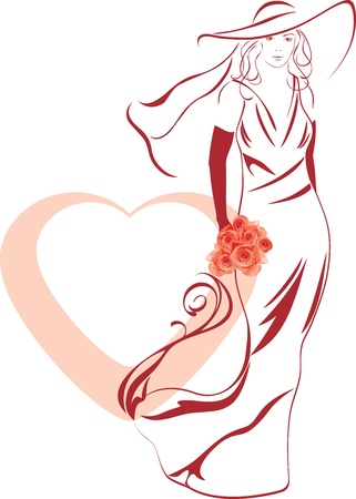 Silhouette of a elegant bride with bouquet in handのイラスト素材