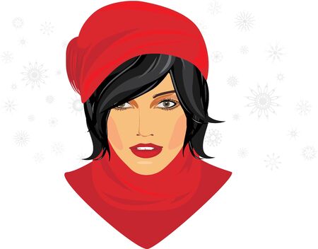 Portrait of brunette in a red knitted cap and scarfのイラスト素材