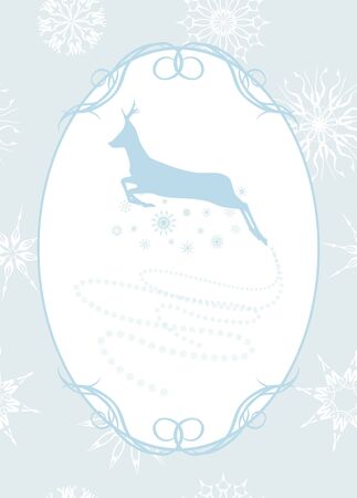 Silhouette of a running Christmas deer in the frame with snowflakesのイラスト素材
