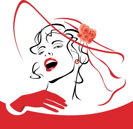 Elegant woman in red hat with veil and rosesのイラスト素材