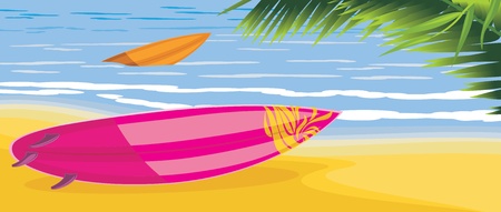 Surf boards on the seascape with palm treeのイラスト素材