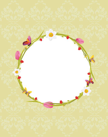 Wreath with butterflies and spring flowers on the ornamental backgroundのイラスト素材
