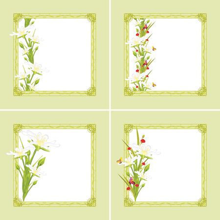 Decorative green frames with spring flowers and butterfliesのイラスト素材