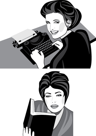 Woman works on a typewriter and reads a bookのイラスト素材