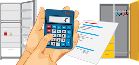 Calculator in a male hand on a background of an empty refrigerator and a wardrobeのイラスト素材