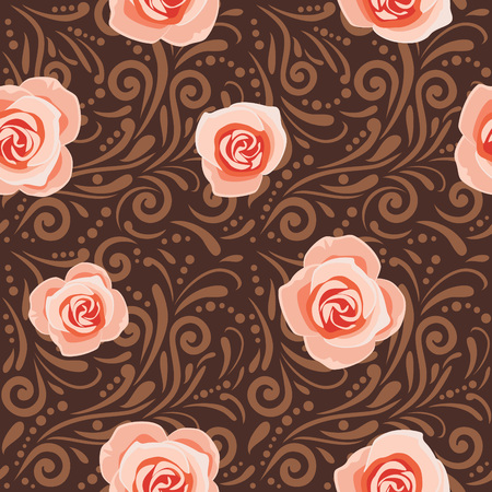 Brown seamless decorative pattern with pink rosesのイラスト素材