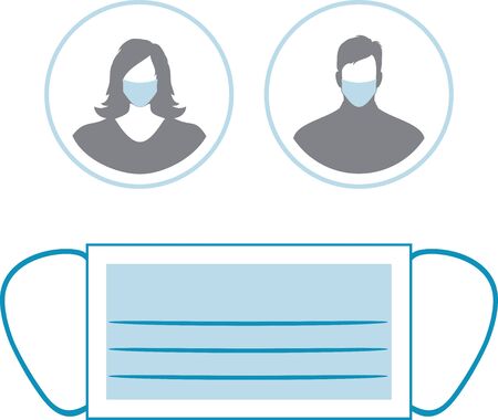 Medical mask and two icons with female and male silhouette in respiratorsのイラスト素材