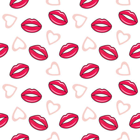 Red lips and pink hearts on a white background. Seamless patternのイラスト素材