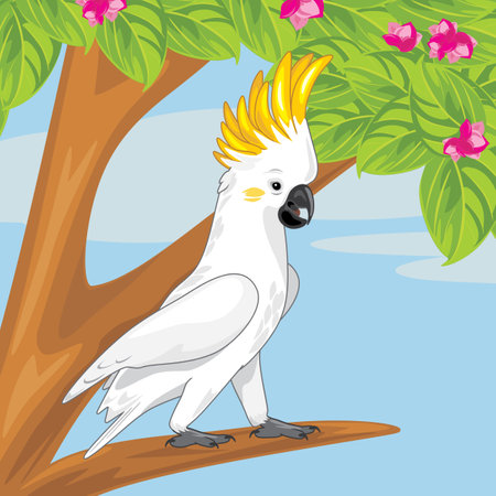 Cockatoo on a branch of a flowering treeのイラスト素材