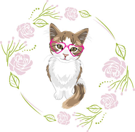 Cute kitten with glasses and a floral frameのイラスト素材