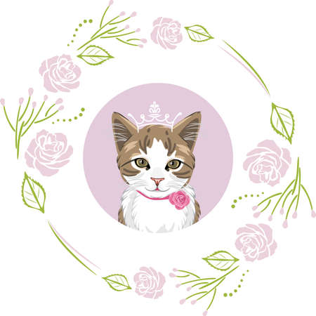 Portrait of an adorable kitty in a floral frameのイラスト素材