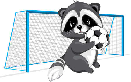 Cute raccoon with a soccer ball at the goalのイラスト素材