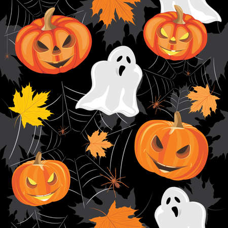 Seamless pattern with laughing pumpkins, spiders and ghostsのイラスト素材